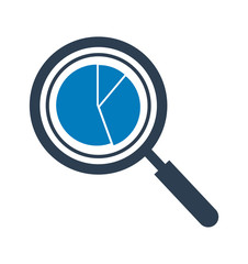 Data analysis icon with magnifying glass and pie chart symbol. Flat style vector EPS.