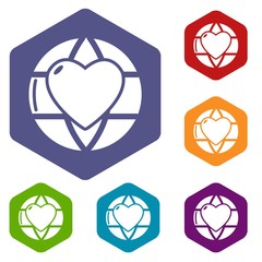 Planet heart icons vector colorful hexahedron set collection isolated on white