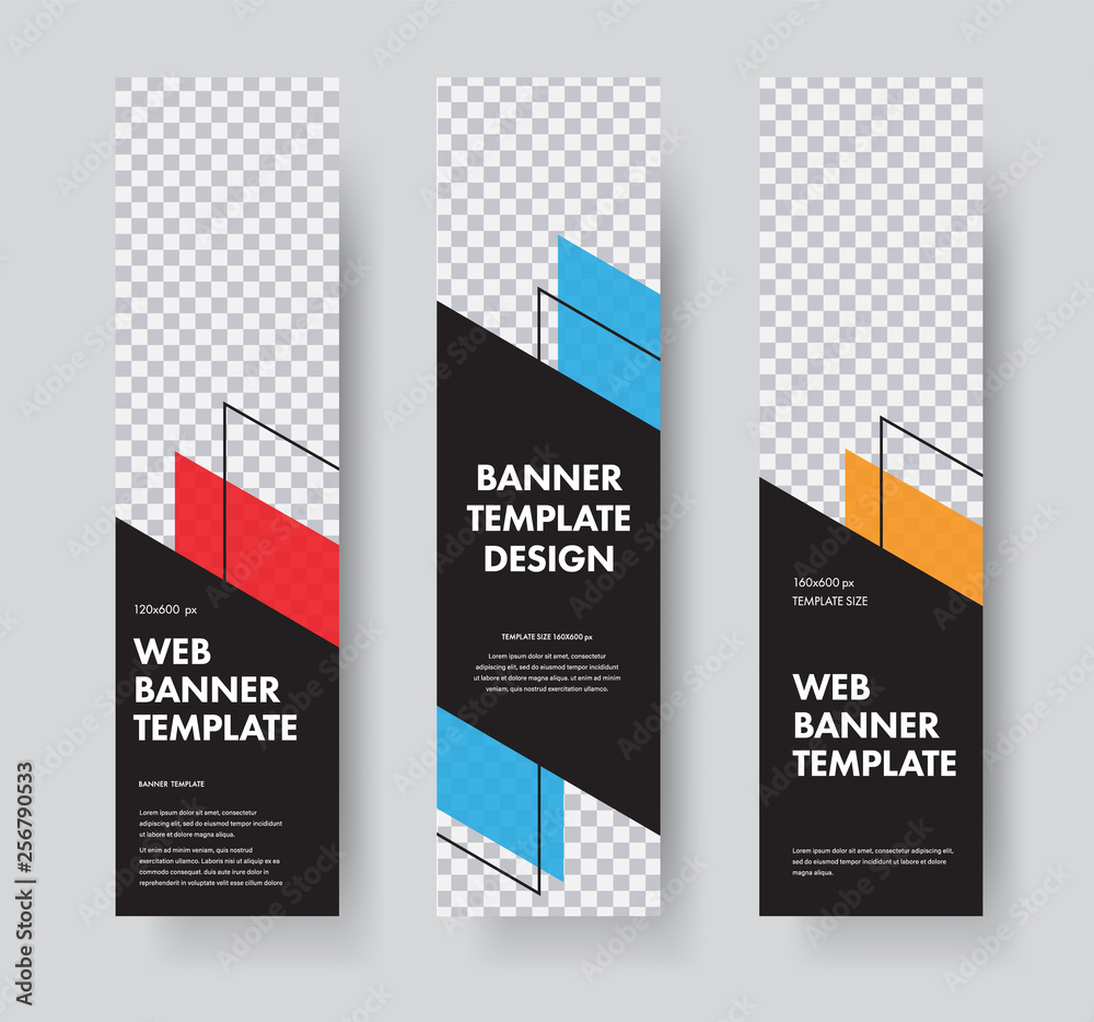 Poster Vector vertical web banner templates with diagonal elements for photo and stroke.