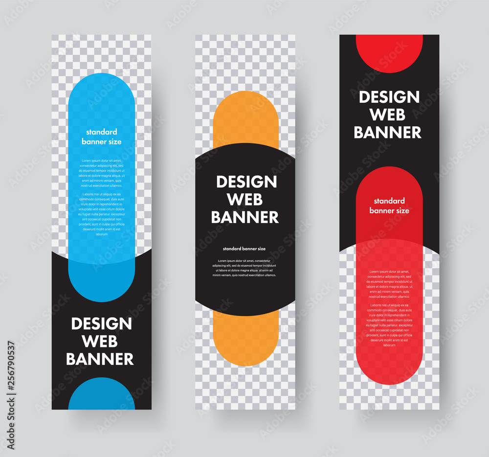 Poster Set of vector vertical web banners with with place for photo and colored rectangles with rounded corners.
