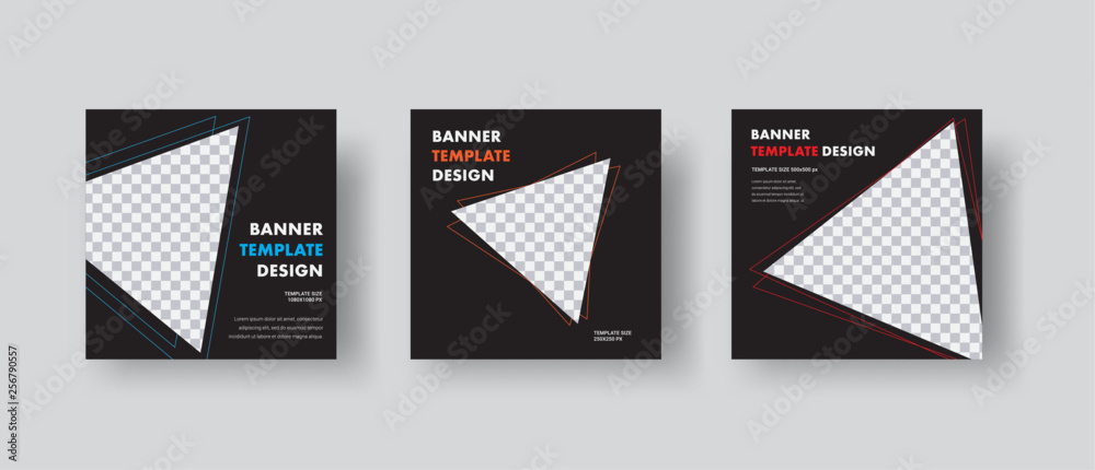 Poster Template of black square vector web banners with triangles with stroke for photo.