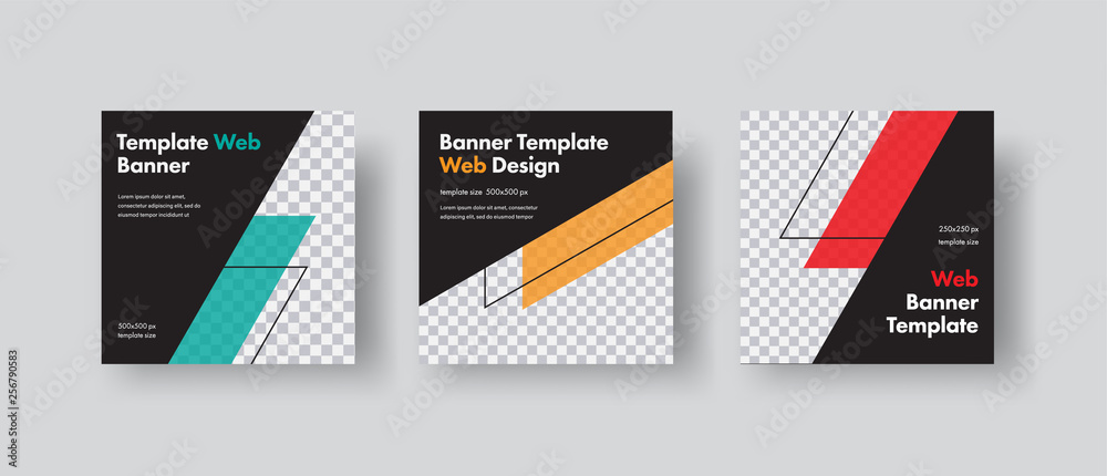 Poster Set of black square vector web for social networks with diagonal color elements and space for photo.