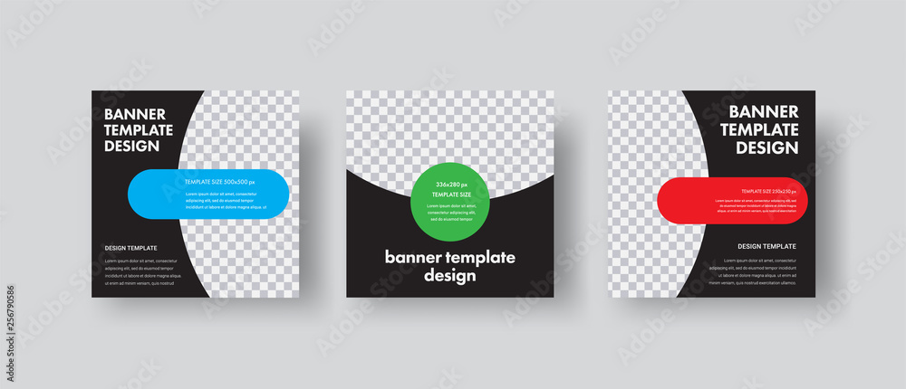 Poster Design of black square web banners with round and semicircular shapes for photos.