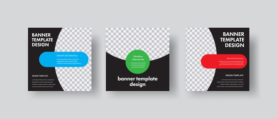 Design of black square web banners with round and semicircular shapes for photos.