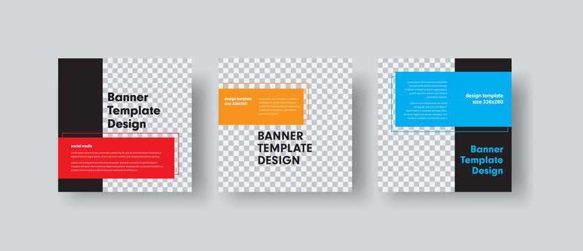 Design of square vector web banners with place for photo and color rectangles for text.