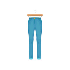 Cartoon blue pants on clothes hanger. Fashion concept.
