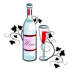 Wine bottle and glass on the background of the vine