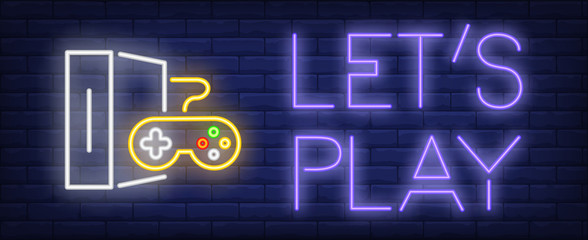 Lets play neon text and game console with controller © RedlineVector