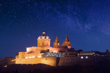Mdina - ancient capital of Malta. Night view to St. Paul's Cathedral