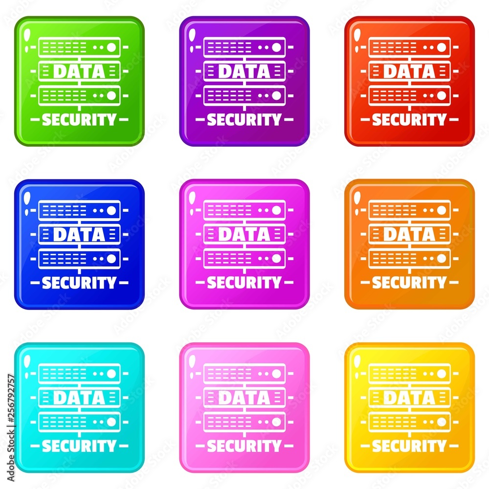 Poster server data security icons set 9 color collection isolated on white for any design