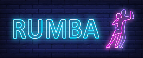 Rumba neon text with two dancers - obrazy, fototapety, plakaty