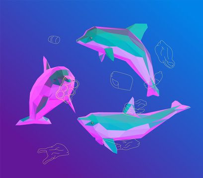 Vaporwave Dolphin. Set of Psychedelic Dolphins and Ocean Pollution on Retro Background. Low Poly Vector 3D Rendering.