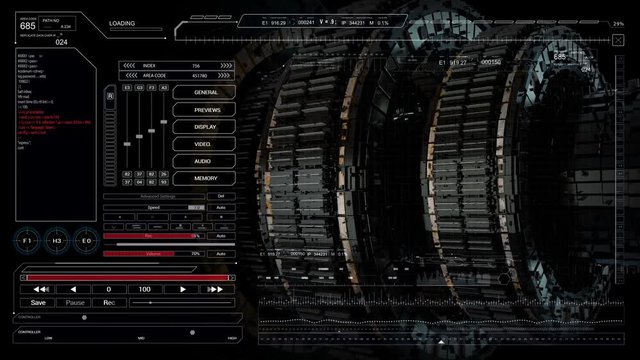 Interface HUD with 3D element.Looping animation with SciFi cosmic spaceship.Futuristic SciFi technological seamless SciFi 3D gear spacecraft module rotation.User interface tech intro.