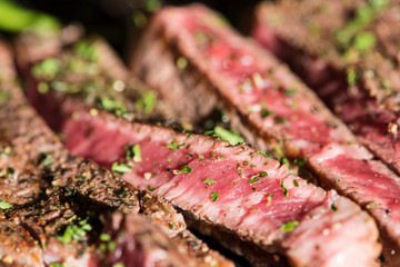 Grilled flat iron steak shot in flat lay style