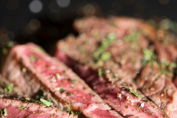 Grilled flat iron steak shot in flat lay style