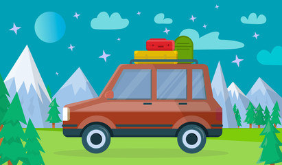 Car with Luggage at Nighty Mountains Background © Mykola