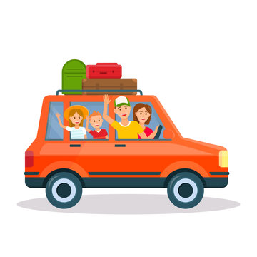 Happy Young Family Traveling by Red Car with Kids