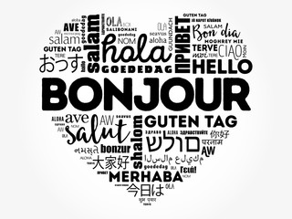 Bonjour (Hello Greeting in French) heart word cloud in different languages of the world