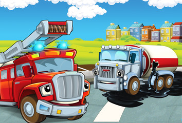 cartoon scene with red firetruck gathering spilled oil from crashed cistern on the street - duty - illustration for children