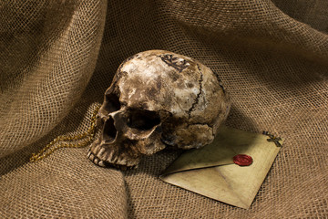 Damaged skull with a letter, with a burlap background