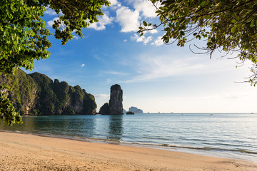 Fototapeta na wymiar Pai Plong Centara beach and seascape view on cliffs in sea water in Ao Nang, Krabi province, Thailand