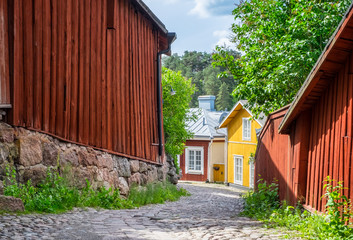 Beautiful city landscape with idyllic street view and old buildings at summer day in Porvoo, Finland - 256796918