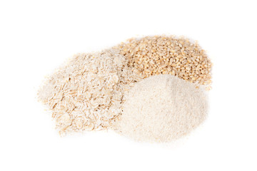 Pearl barley, flakes and flour isolated on white background.