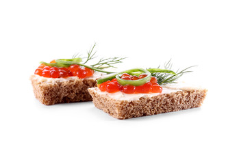 Tasty canapes on white background