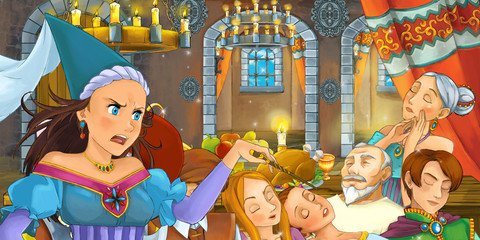 Cartoon fairy tale scene with princess sorceress by the table full of food - illustration for children