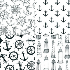 Sea vector patterns, seamless set of marine black and white backgrounds