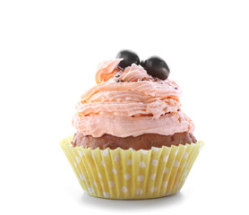 Tasty Easter cupcake on white background