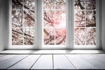 Desk of free space and spring window background 