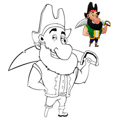 Coloring cartoon pirate with a telescope and a saber. Coloring book for kids.