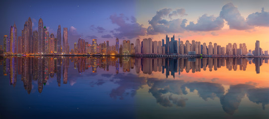 Niight to day cityscape with beautiful reflections in Dubai Marina