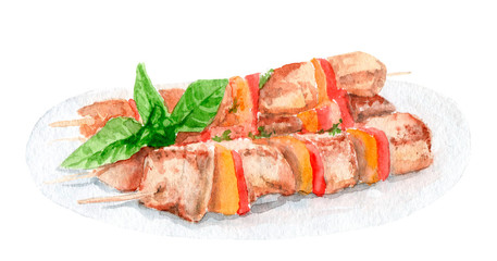 watercolor drawings on the theme of picnic: food at a picnic, set