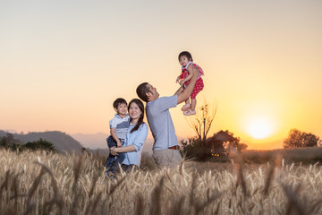 Family having fun and playing in a barley field in summer at sunset time.