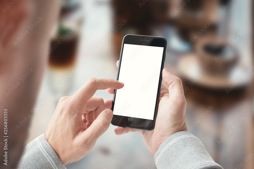Poster Guy touch isolated smart phone screen. App presentation concept.