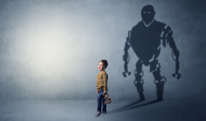 Little boy s self image appear as a big robotman shadow on his background
