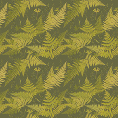 Fern leaf drawing seamless pattern. Floral green umber  background for textile, fabric, wallpapers, covers, print, decoupage. Forest pacifying ornament.