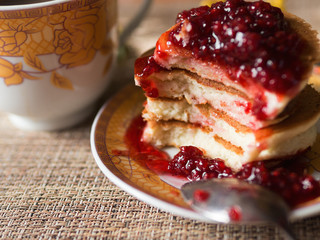 Japanese pancakes with jam close-up