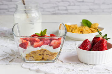 Healthy breakfast -fresh berries. Strawberry, yogurt and muesli.