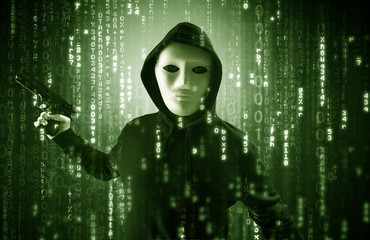 Masked and armed anonymous hacker breaking in cyber security cloud data concept
