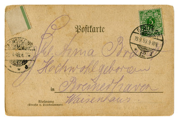 Back of historical German postcard: a letter with a green postage stamp and a Berlin postmark cancellation, 19.9.1899, Reich post, Germany, German Empire