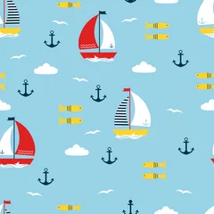 Wall murals Sea waves seamless pattern with cartoon boats