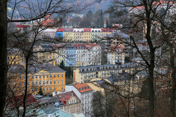Cityscape of Karlovy Vary from the hill in the late autumn