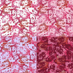 et of pink and red floral backgrounds, seamless patterns. Vector illustration, watercolor imitation.