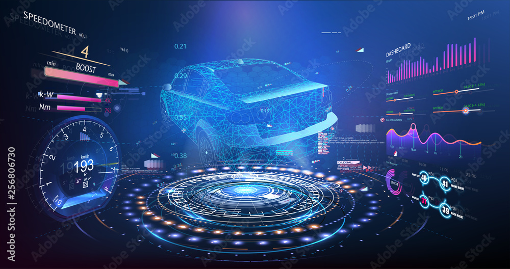 Poster hologram car style in hud ui gui. hardware diagnostics condition of car, scanning. cars infographic 