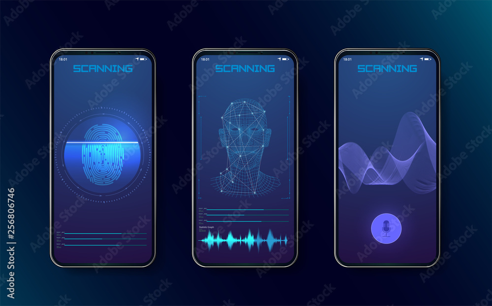 Poster Biometric fingerprint scanners, face recognition and voice recognition for authorization verification with futuristic identification interface. Technology Smart Phone Scanning.Set HUD Elements. Vector