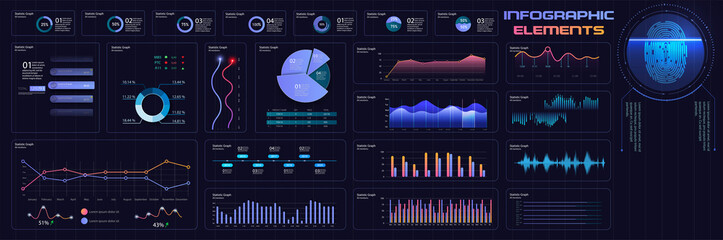 Modern intelligent infographic diagram trends interface.A set of panel interfaces with color charts, graphs, on a dark background. Web design vector graphic templates and infographics. Vector 