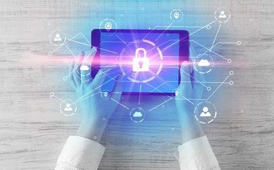 Hand touching online network security  button and cloud, connection and contact concept
